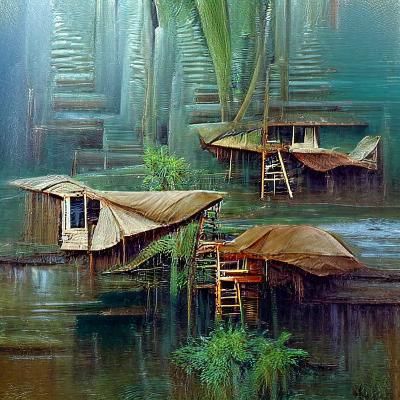 Stilt Huts in Indonesian Jungle: Oil Painting