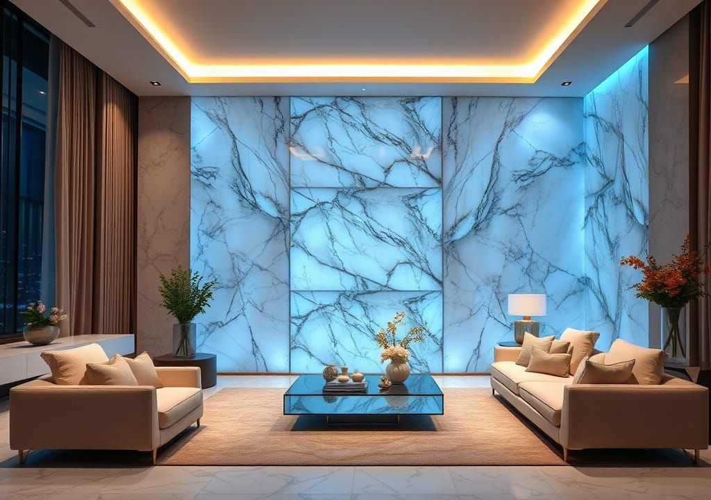 Luxurious Living Room with Translucent Marble Wall