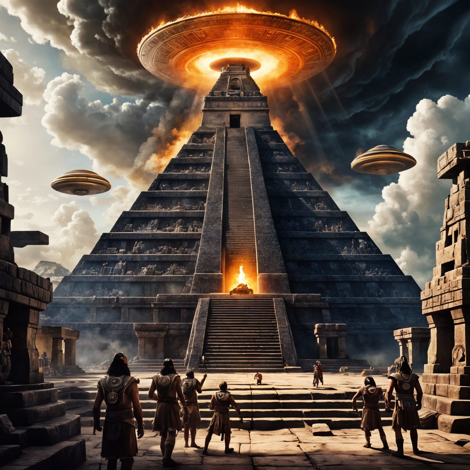 Aztec Sun Worship with UFO in Mayan City