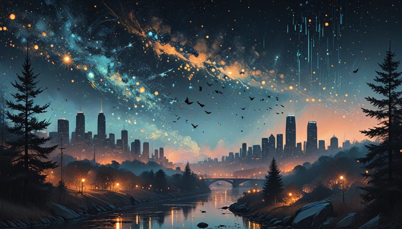 Liquid Starry Night Sky Overflowing, Hyperrealistic Painting