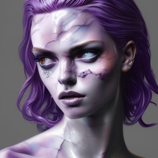 Glamorous Cracked Marble Statue Portrait in Purple Hues