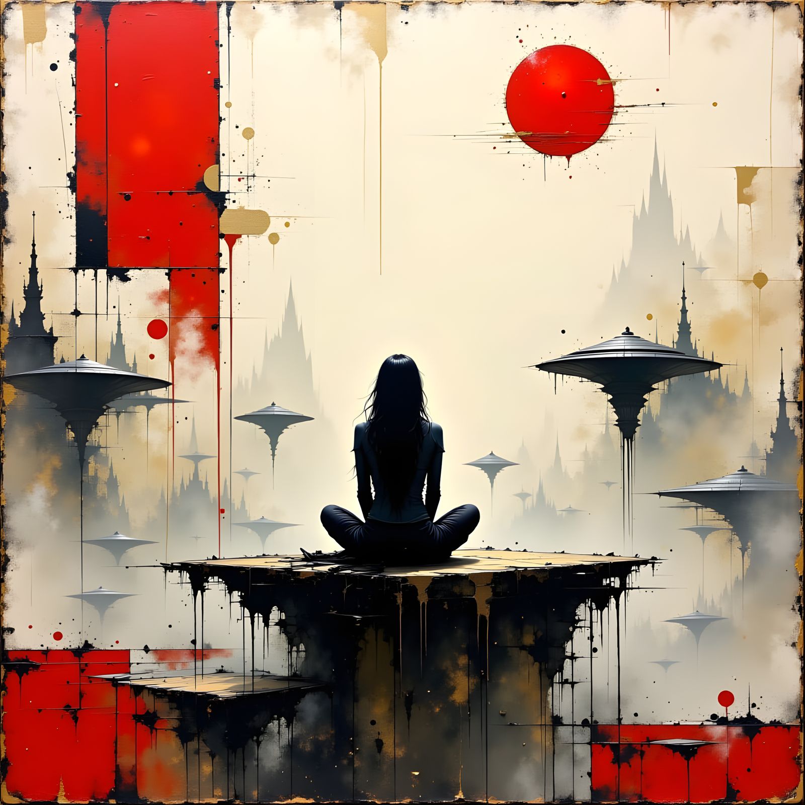 Meditative Figure Above Dystopian City, Impasto Oil Painting