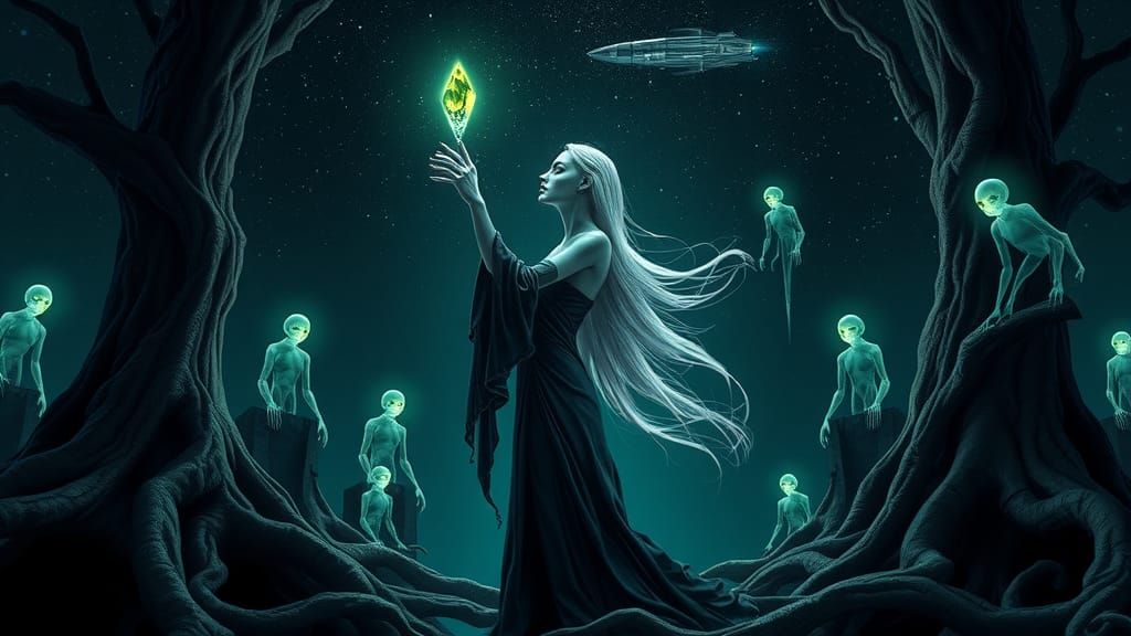 Alien Sorceress Summons Mothership in Biomechanical Forest