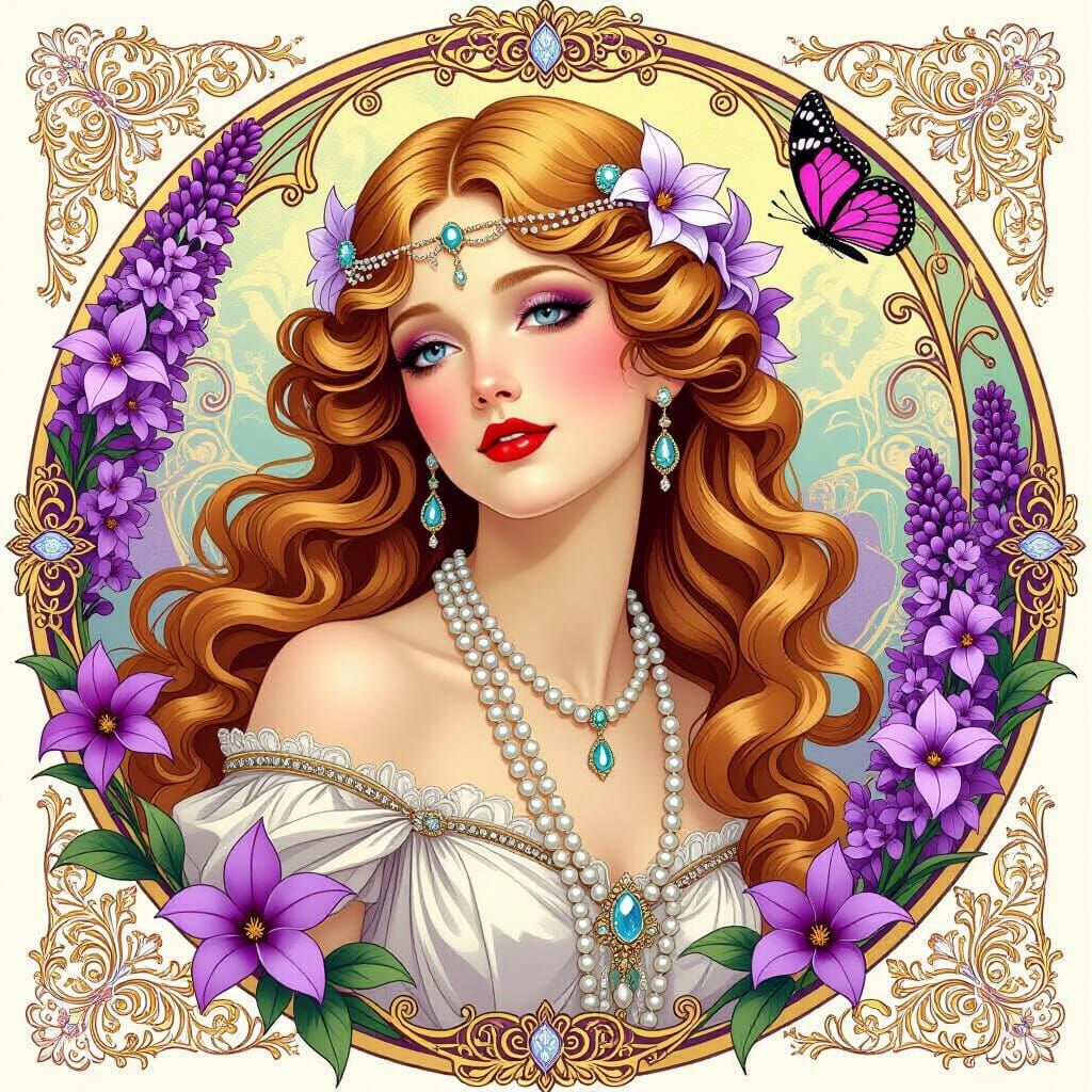 Elegant Figure with Pearls and Butterfly in Art Nouveau Styl...