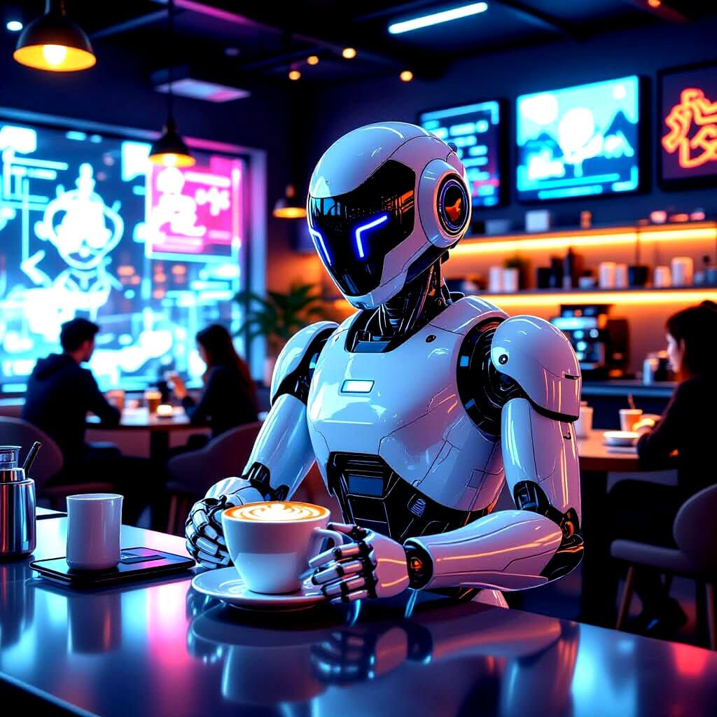 Futuristic Robot Barista in Chrome Cafe, Syd Mead Style