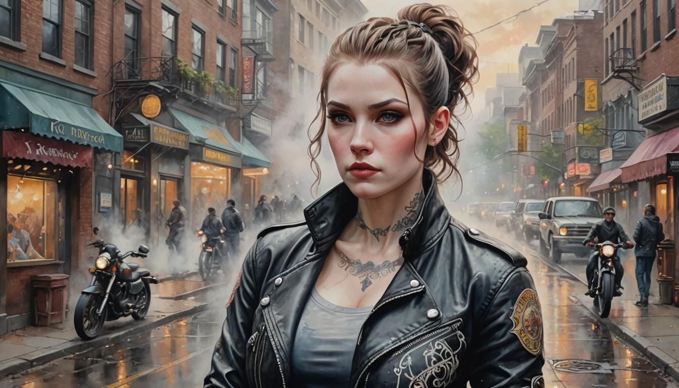 Watercolor Portrait of Tattooed Biker Woman