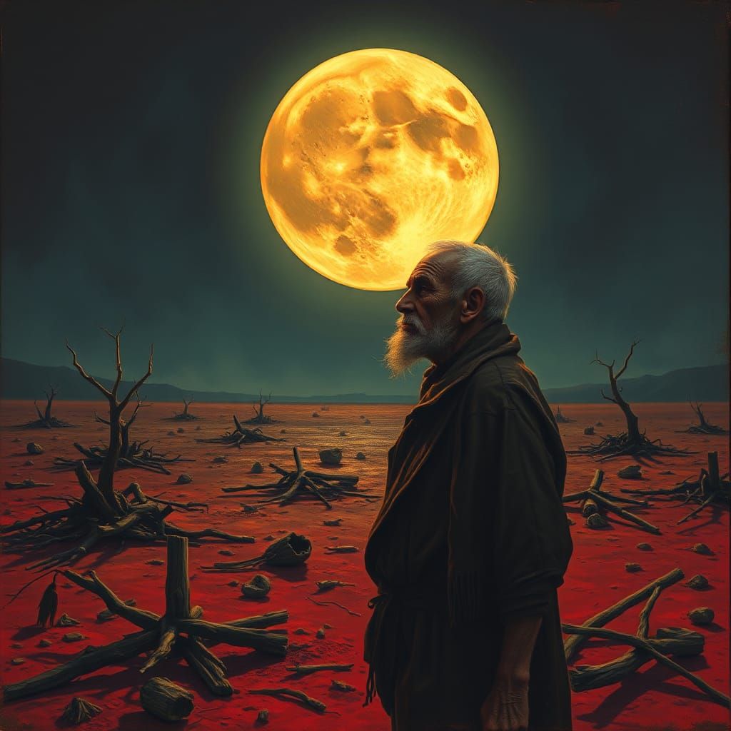 Desolate Old Man in Barren Landscape: A Surreal Vision