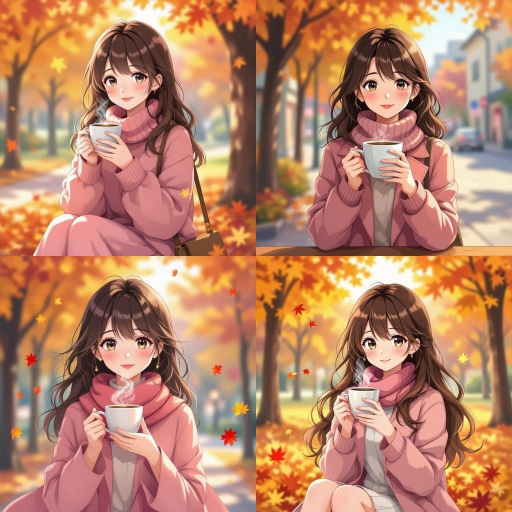 Cute Anime Woman in Pink Autumn Outfit Holding Coffee