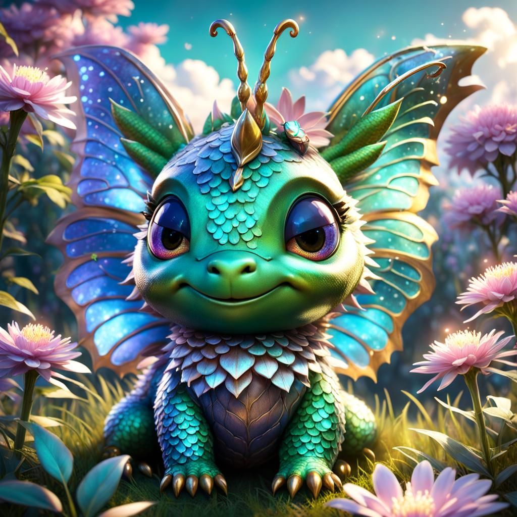 Dragon and Butterfly Encounter in Mystical Forest