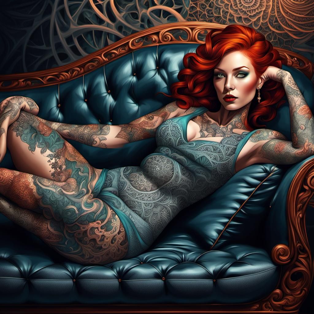 Tattooed Redhead on Chaise Lounge, Digital Art