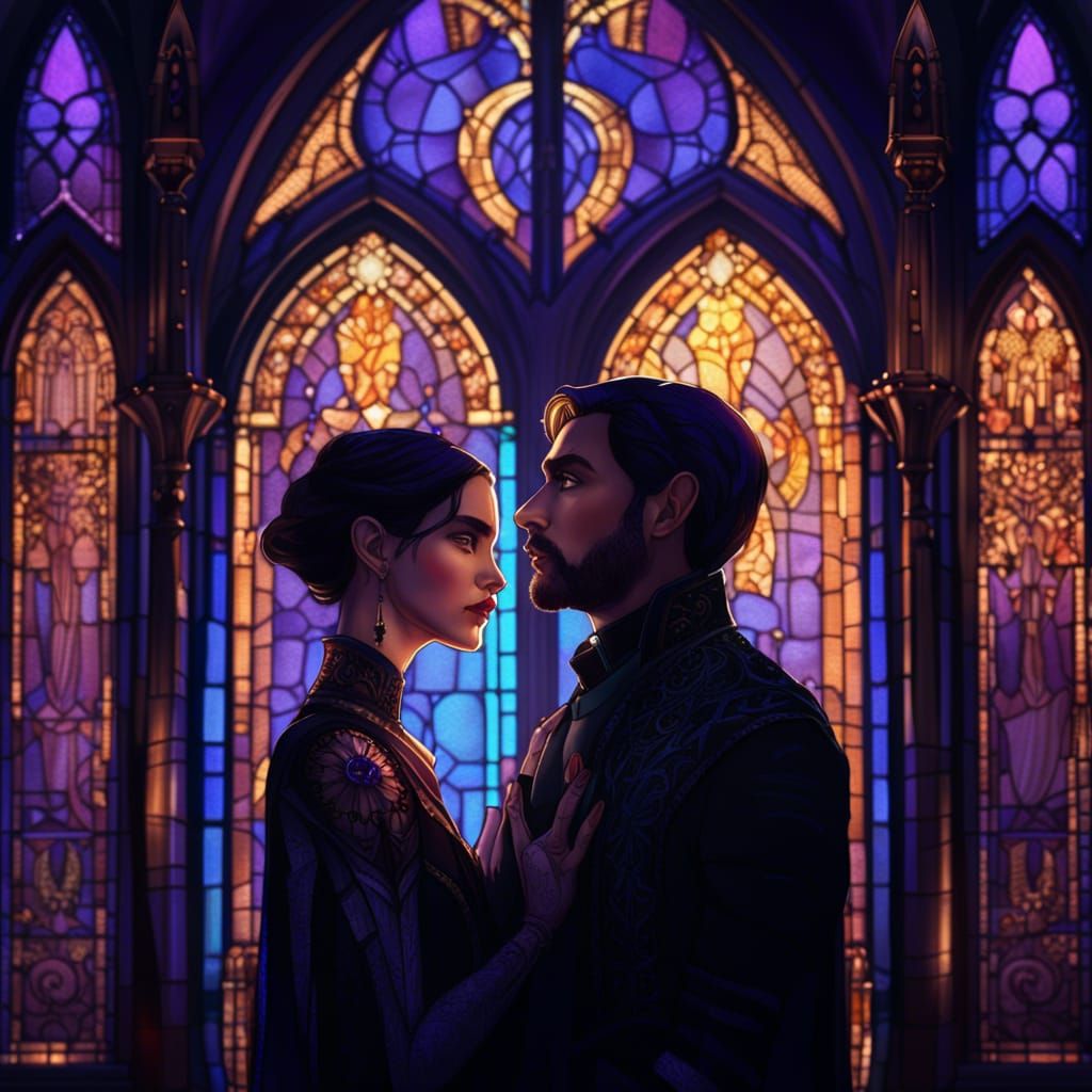 Gothic Couple Portrait with Stained Glass Background