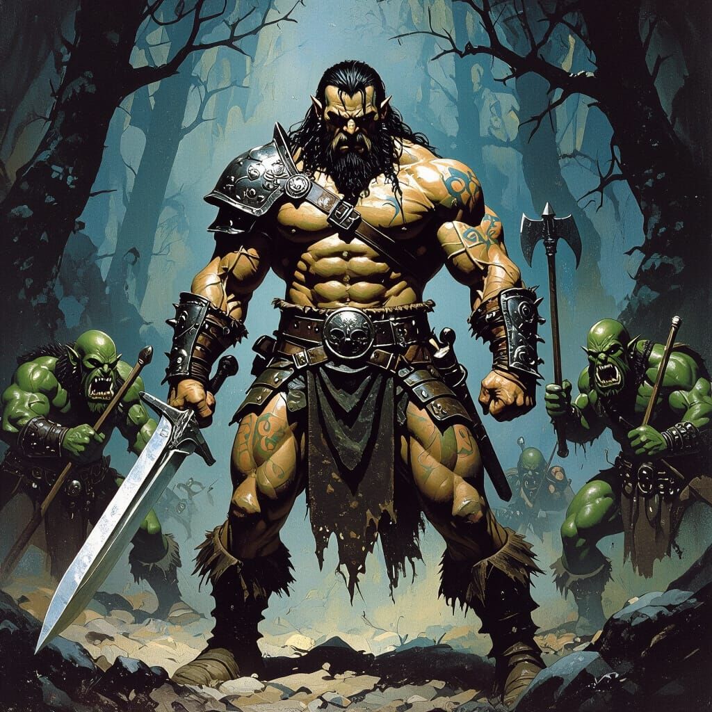 Warrior in Orc Forest: Dark Fantasy Art