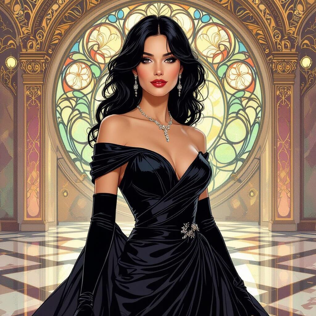 Elegant Woman in Ballroom: Art Nouveau Meets Neon