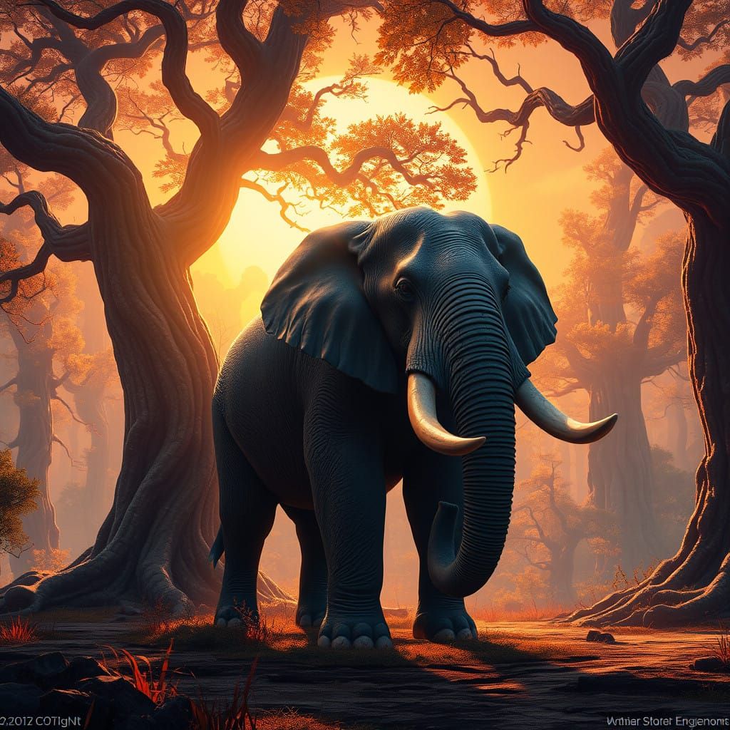 Elephant in a Golden Forest Glade