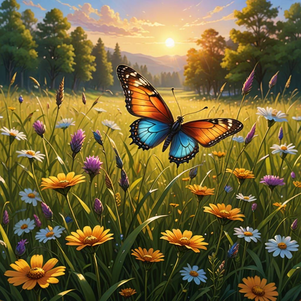 Vibrant Meadow Alive with Insects at Golden Hour