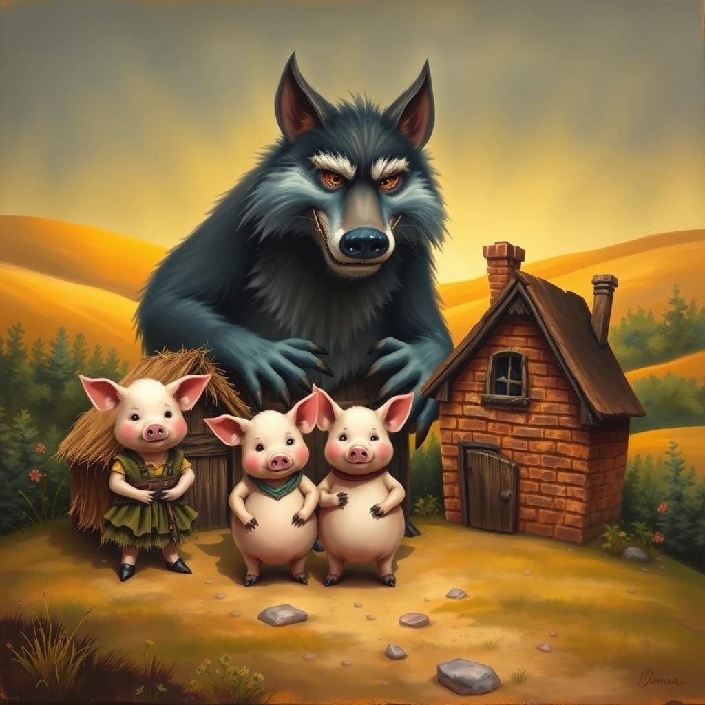 Romantic Whimsy of Three Little Pigs and Big Bad Wolf in Gol...