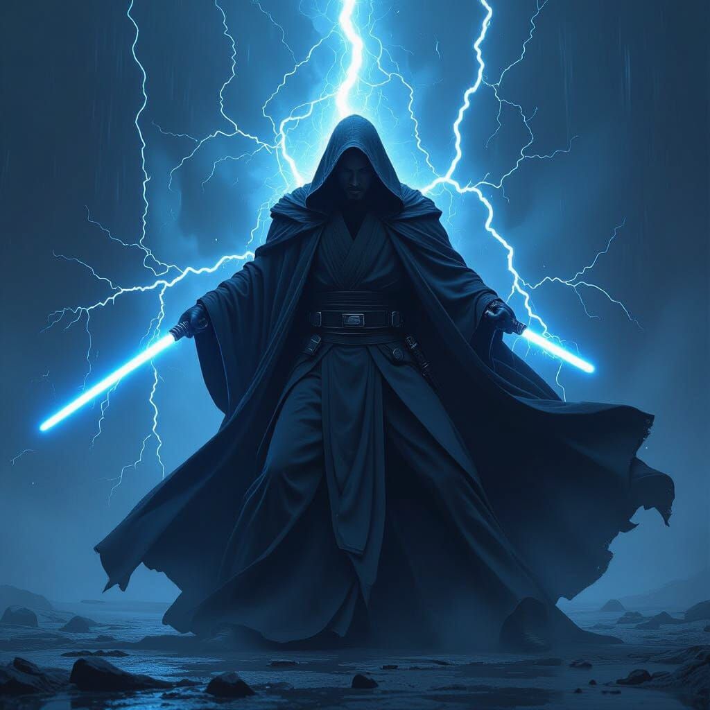 Jedi Wielding Force Lightning in Moody Digital Art