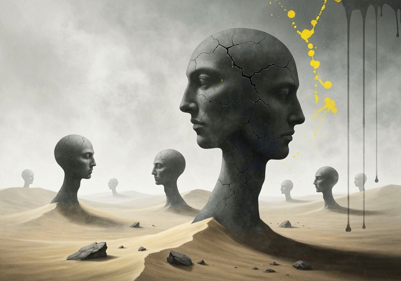 Surreal Desert Heads in Ink Painting Style