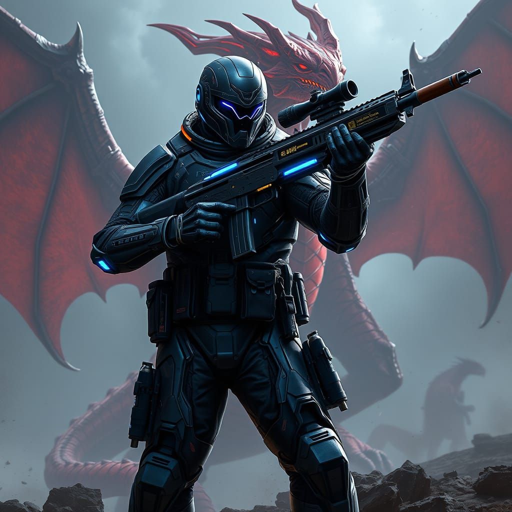 Futuristic Warrior in Combat Suit Faces Dragon in Gritty, Cy...