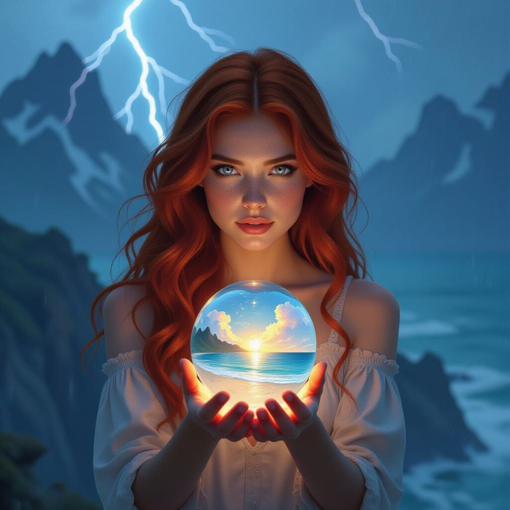 Redhead Woman on Cliff with Lightning and Beach Globe