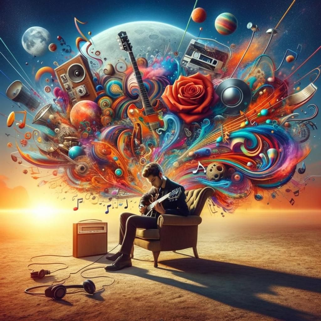 Surreal Musician's Desert Serenade at Sunset