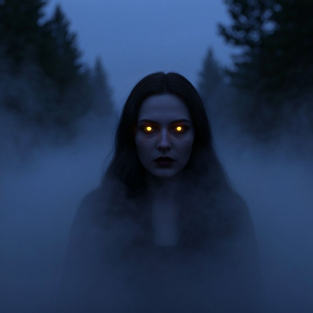 Haunting Woman Emerges From Mist in Twilight Oil Painting