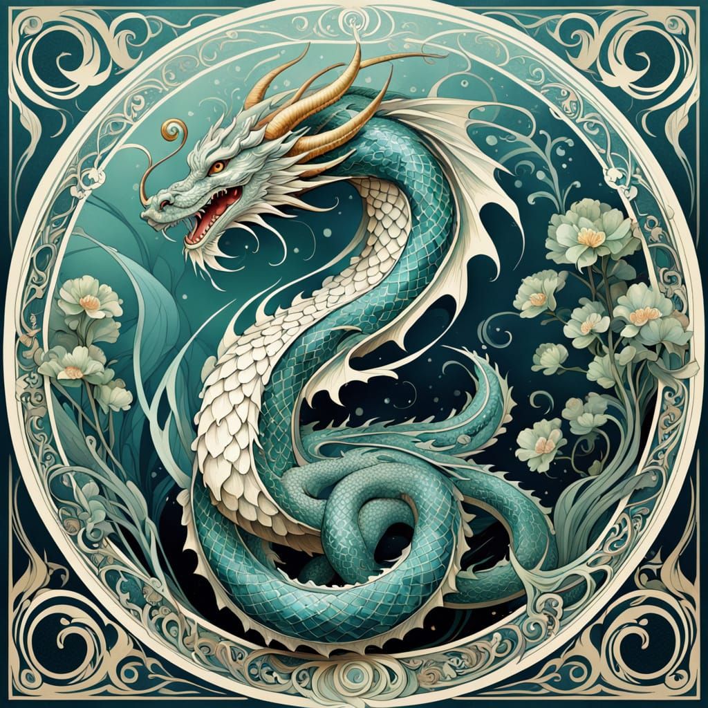 Mystical Dragon Illustration in Art Nouveau Style