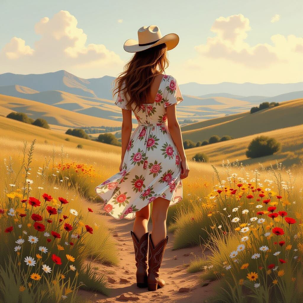 Country Woman in Floral Dress and Cowboy Boots