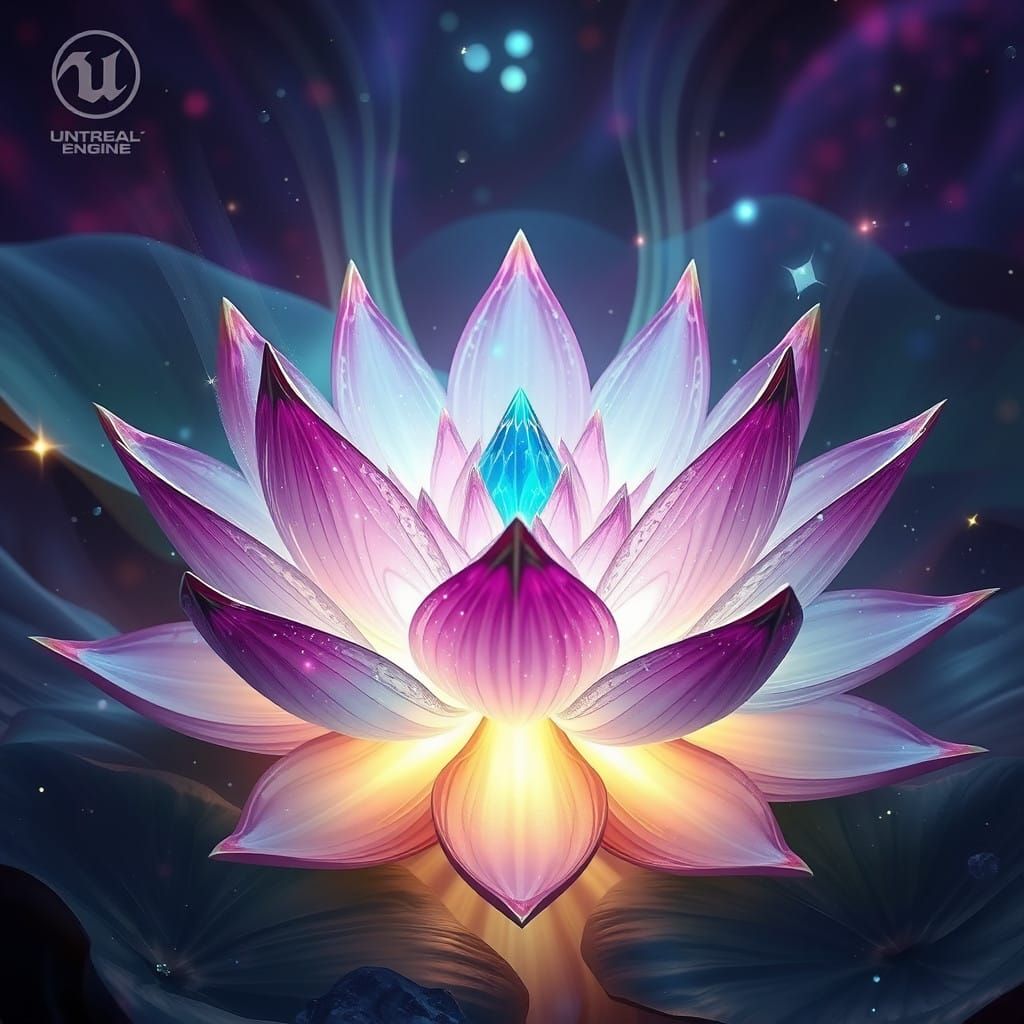 Surreal Crystal Lotus Blooms in Vibrant Fantasy Landscape