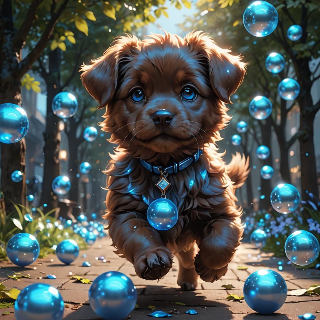 Fluffy Puppy Chasing Glowing Blue Pearls in Anime Style
