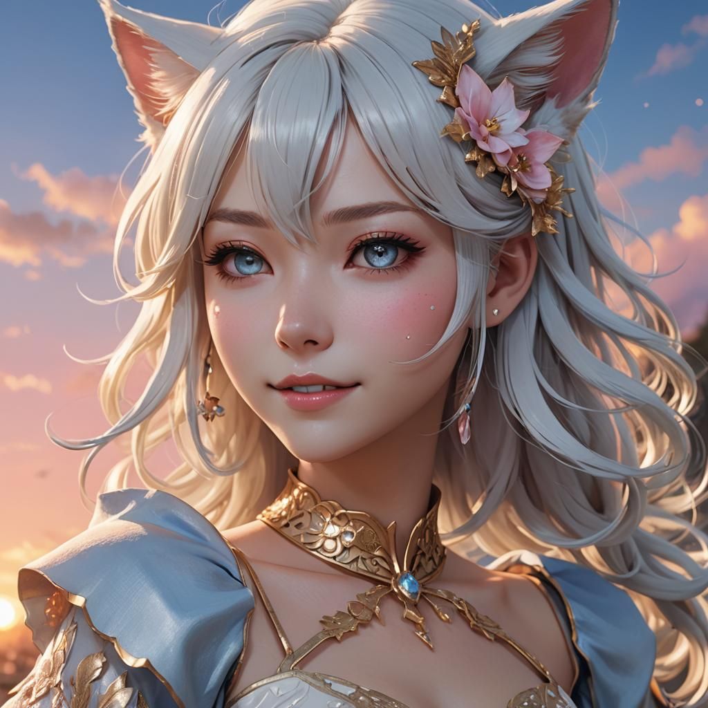 Anime Catgirl Portrait in 3D with Golden Lighting