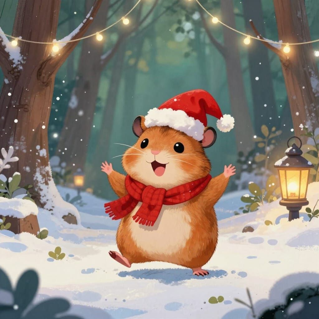 Happy Christmas Hamster in Snowy Forest with Fairy Lights