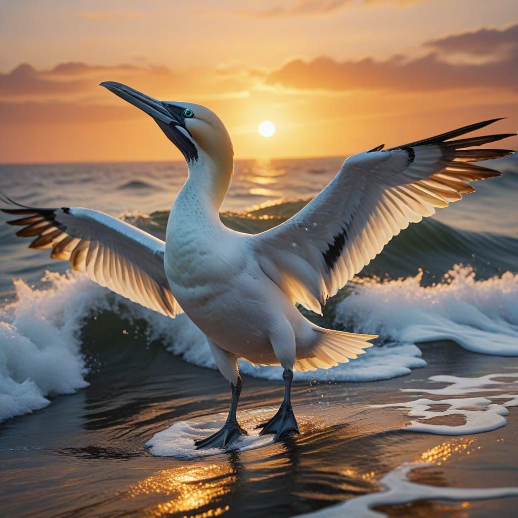 Wildlife Photograph of Northern Gannet in Sunset Glow