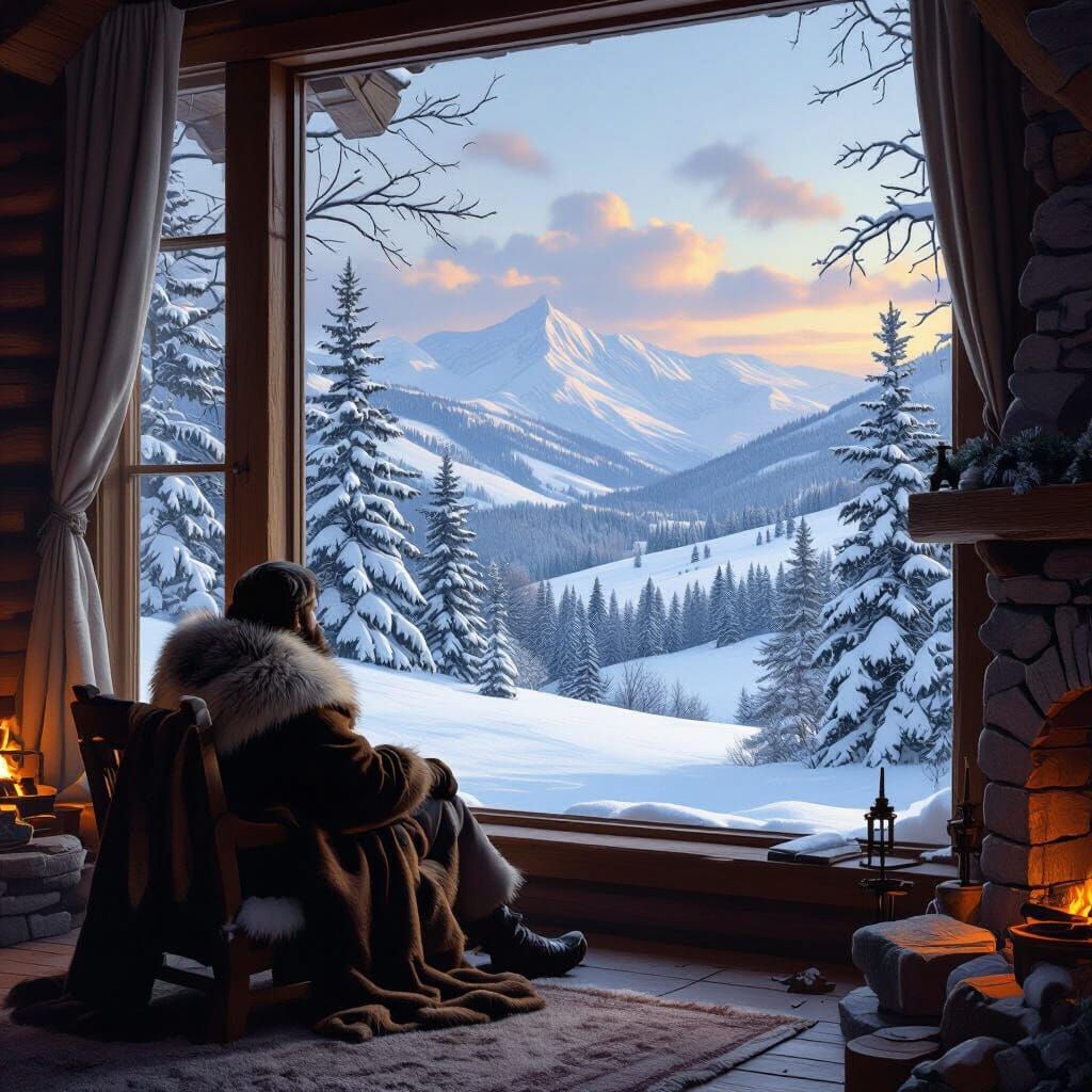 Winter Cabin Scene in Hudson River School Style