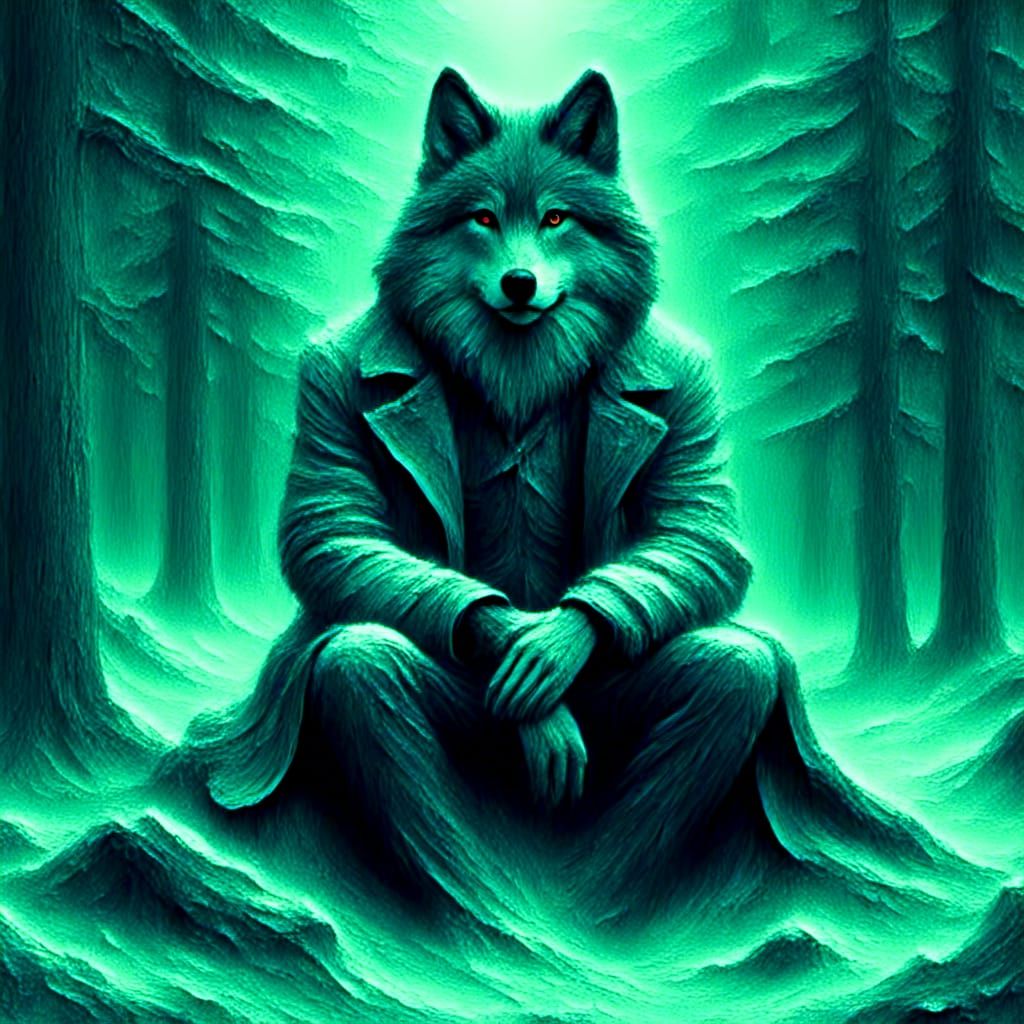 Wolf Sitting in Dense Forest with Texturized Effect