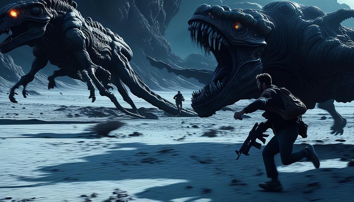 Man Shooting Gun at Monster on Alien Planet