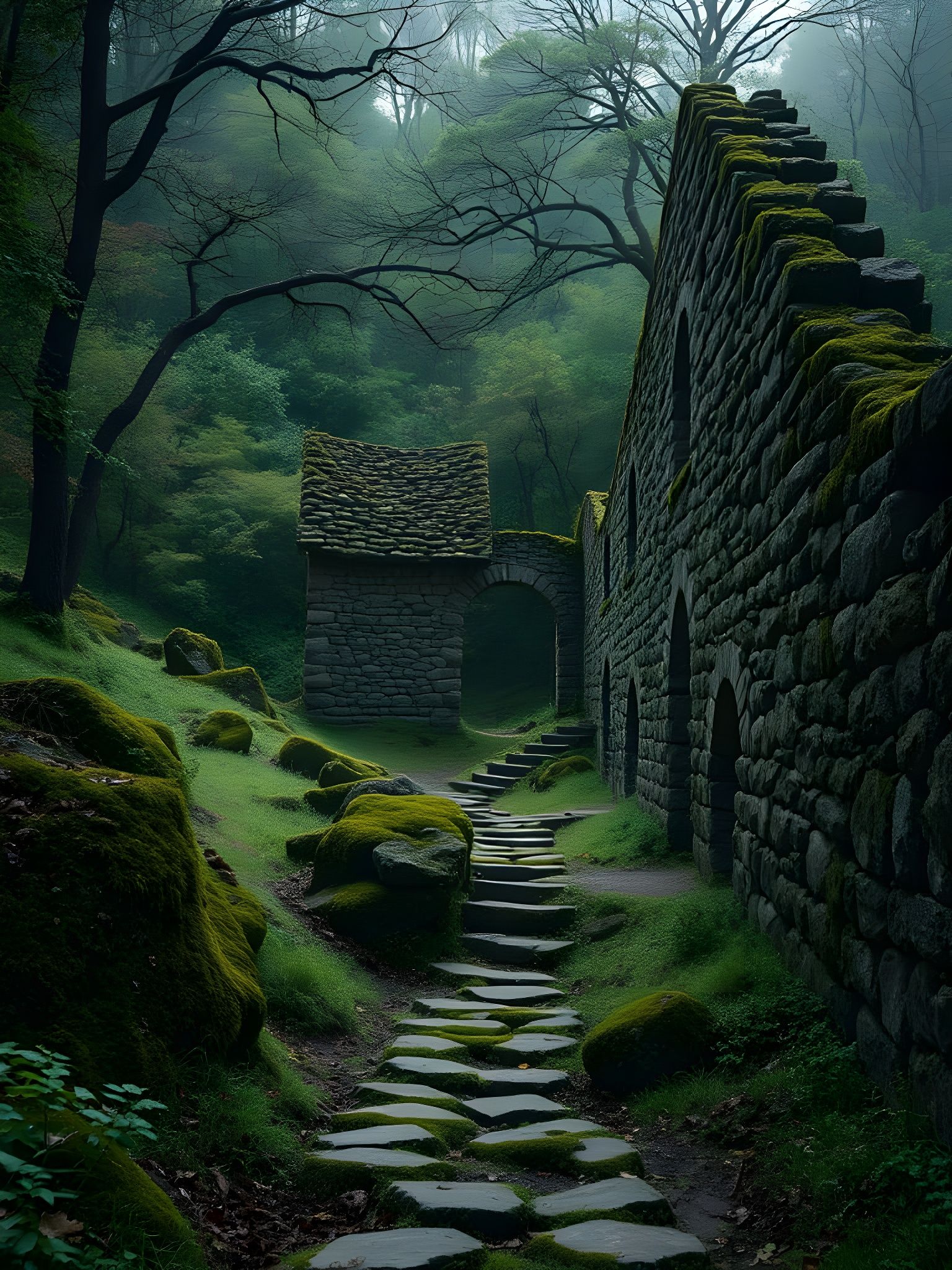 Overgrown Medieval Ruins in Serene Forest