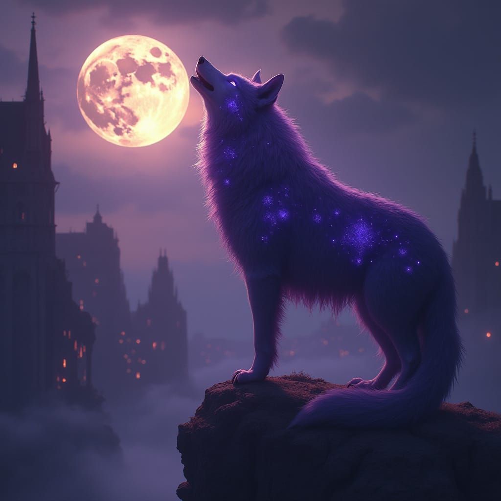A bioluminescent, spectral dire wolf with glowing purple eyes, its fur shimmering with starlight, howling mournfully at ...