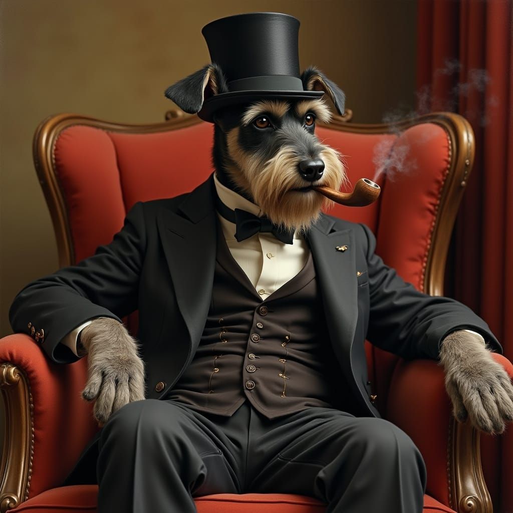 Victorian Schnauzer Smoking Pipe, Oil Painting Style