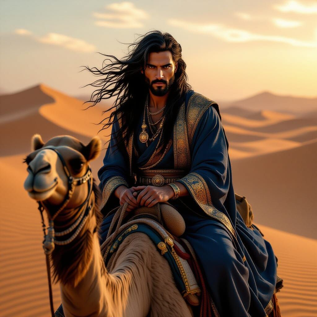 Desert Nomad on Camel, Photorealistic Fantasy Art
