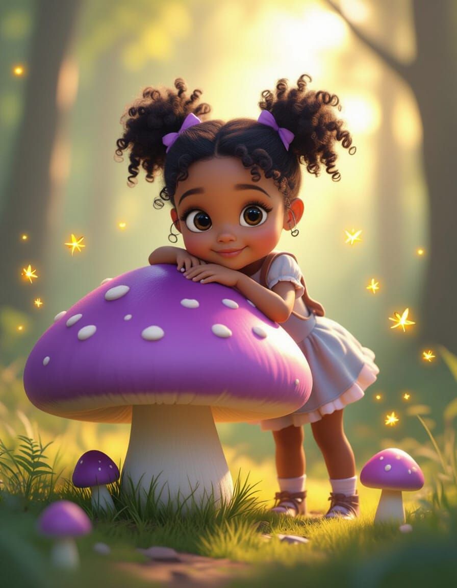 Girl on Giant Mushroom in Sunlit Forest