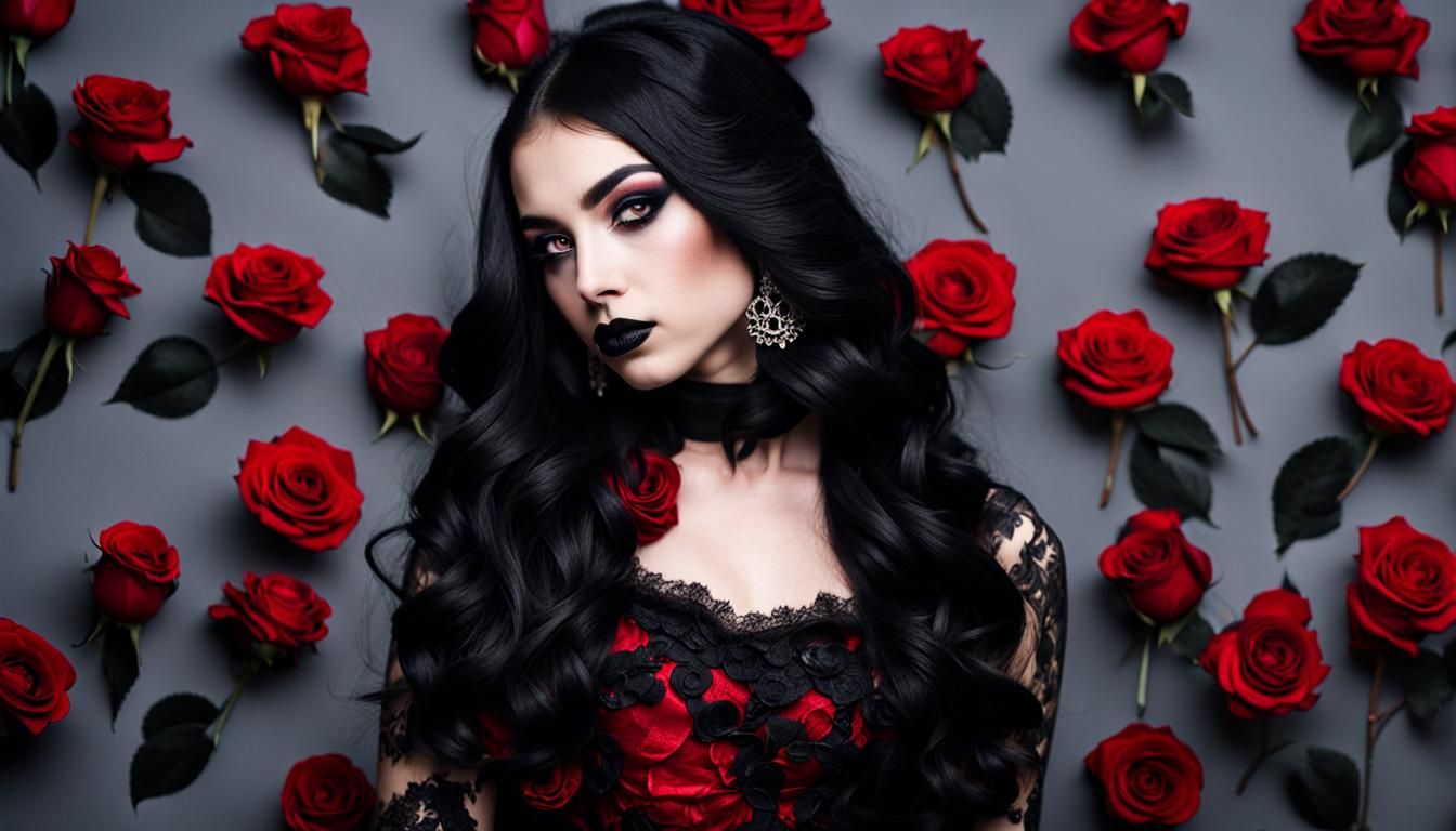 Goth Girl with Flaming Rose Dress Portrait