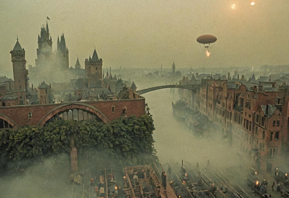 Arab City in Mist with Airship, Cinematic Still