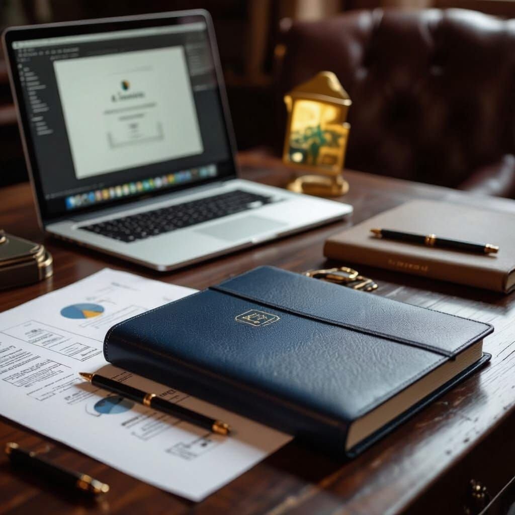 Dark Blue Leather Notebook on a Brown Desk