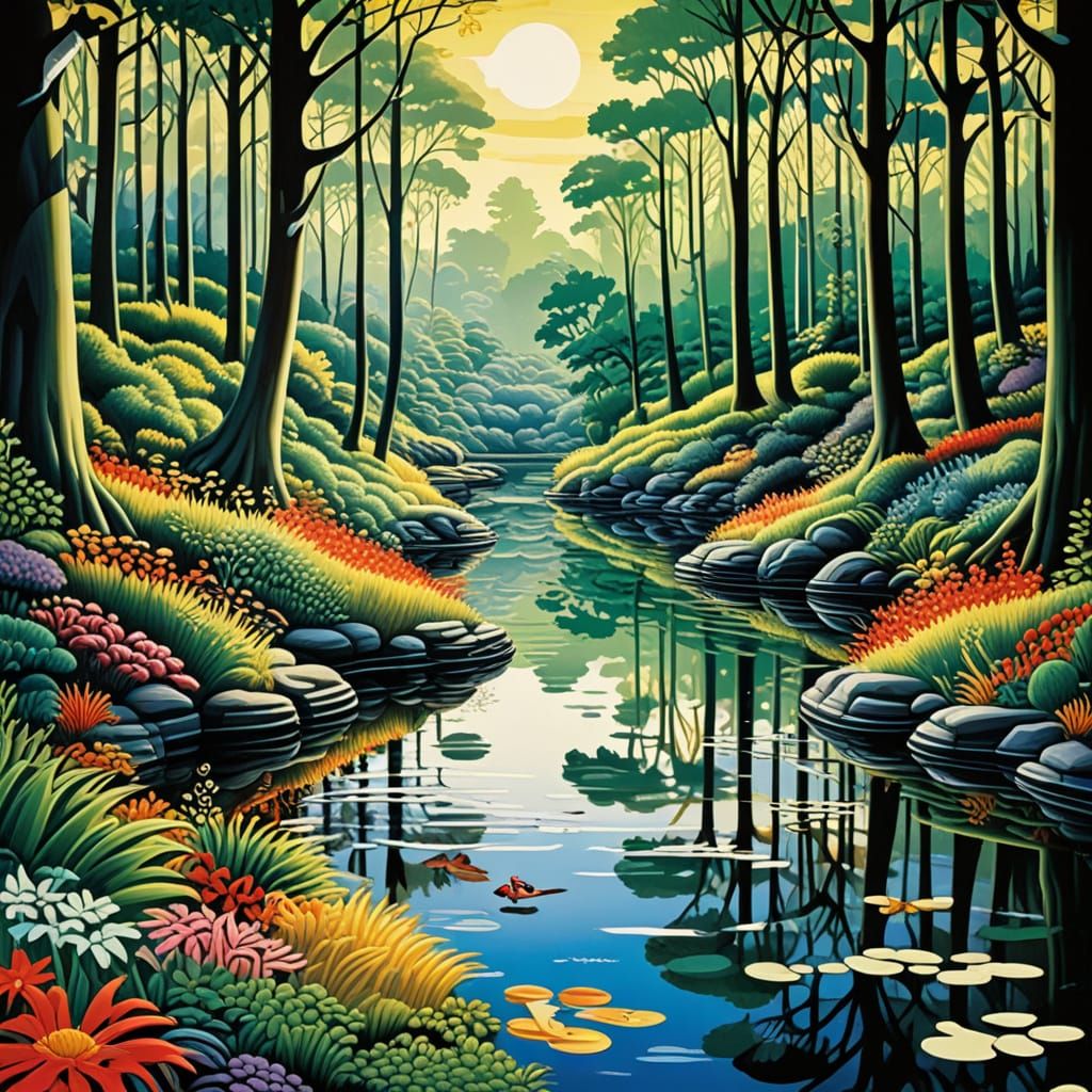 Surreal Woodland Landscape in Vibrant Op Art Illusion