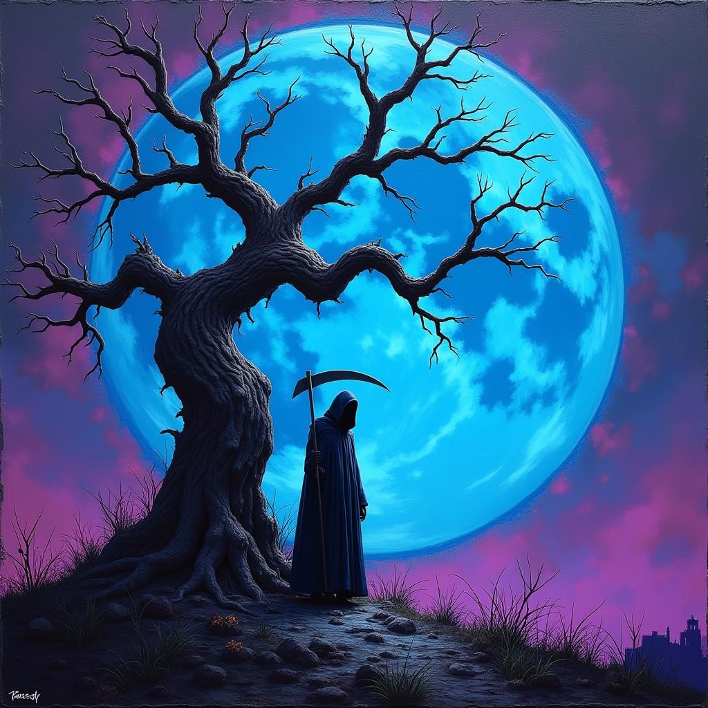 Grim Reaper Behind Dead Tree in Graffiti Art Style