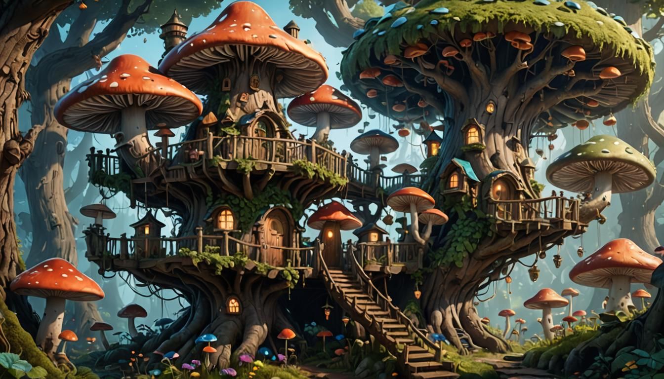 Fantastical Mushroom Treehouse in Detailed Matte Painting