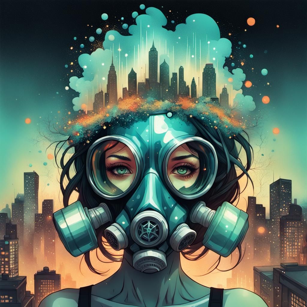 Gas Mask Woman in Toxic City Double Exposure