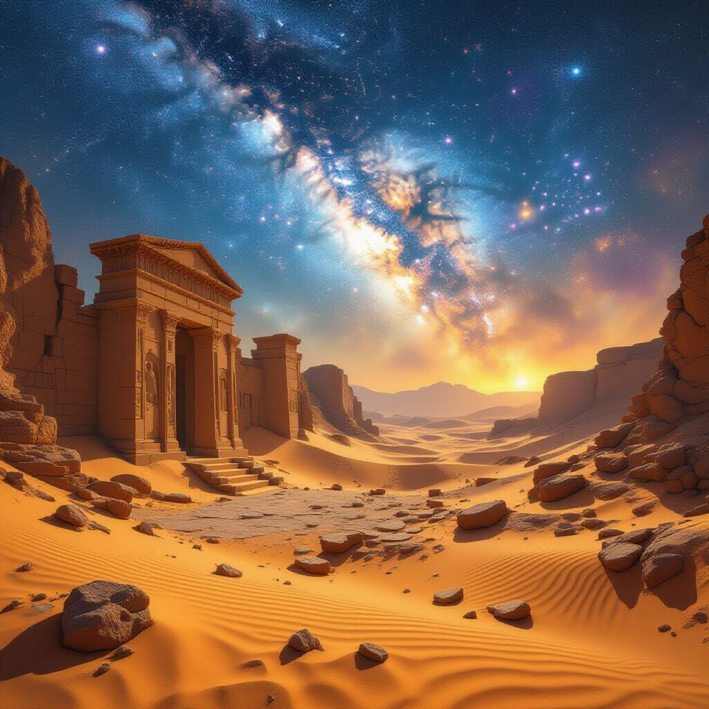 Ancient Desert City Ruins Under Cosmic Nebula Sky