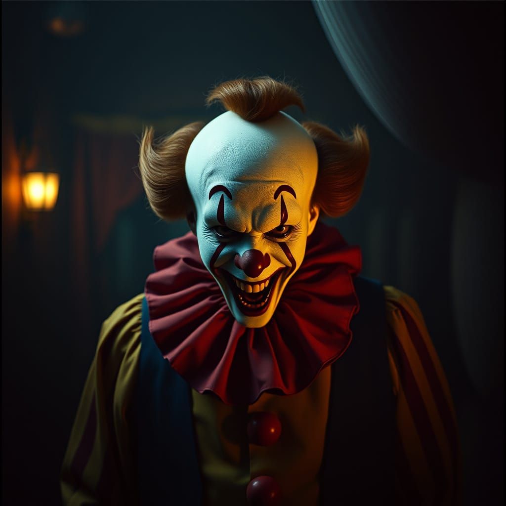 Menacing Clown in Dark Film-like Setting